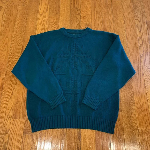 Vintage 90s Eddie Bauer Mens Large 100% Cotton Knit Dad Sweater Green - Picture 1 of 16